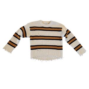 Lush White, Black & Yellow Striped Distressed Sweater Women's Size Small